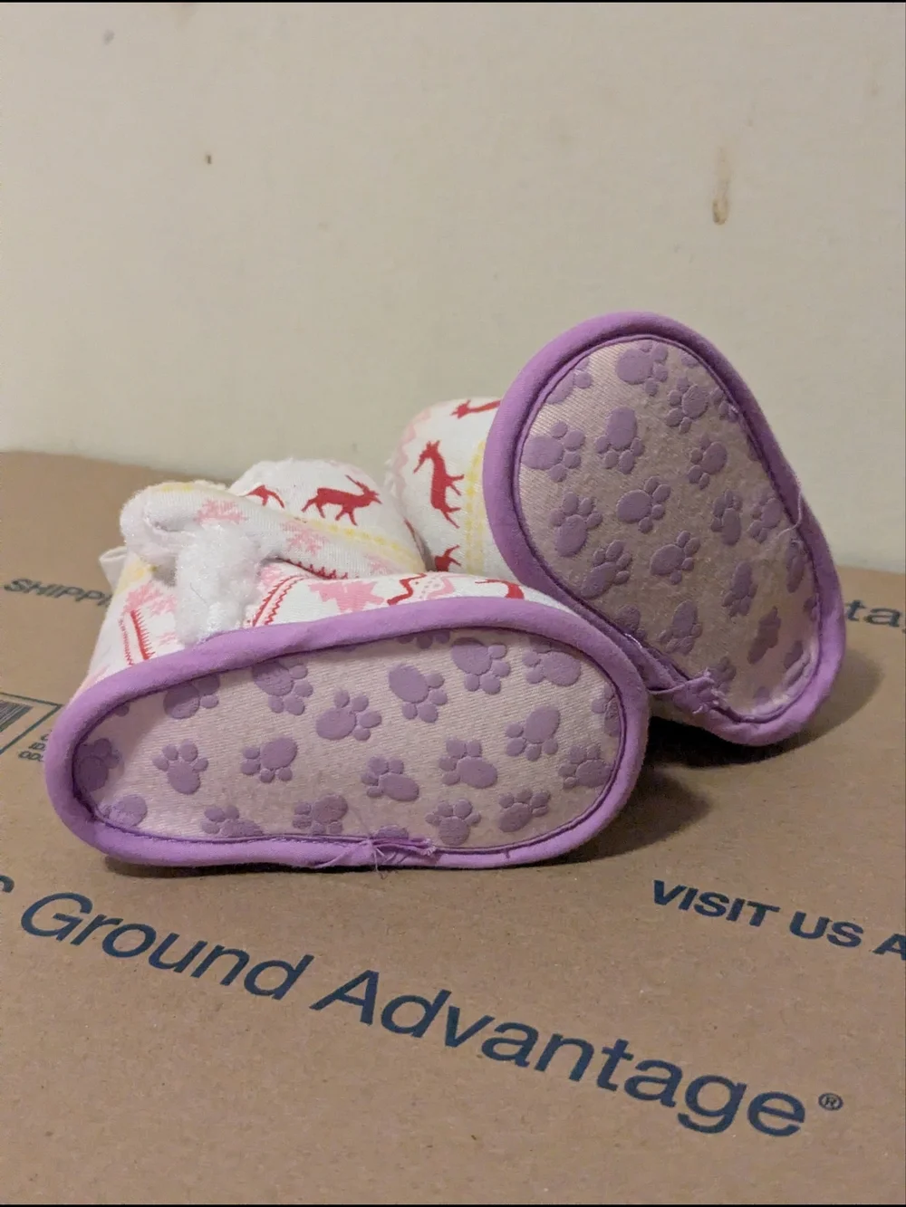 Baby Pink Reindeer Winter Fleece Booties Soft Sole Slippers Estimated Size 0-6M